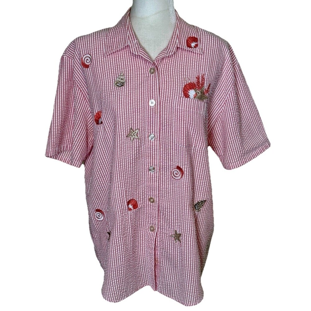 Women Red White Striped Nautical Embroidered Shells Short Sleeve Button Front Lg